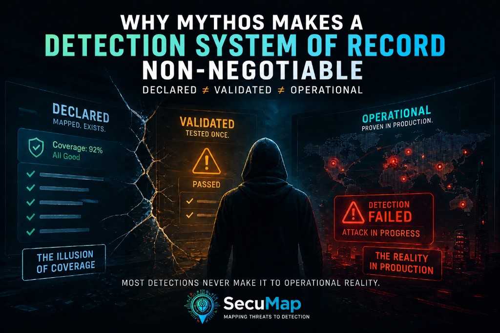 Declared, validated, and operational detection: infographic from green dashboard illusion to red production failure. Mythos and Detection System of Record. SecuMap.