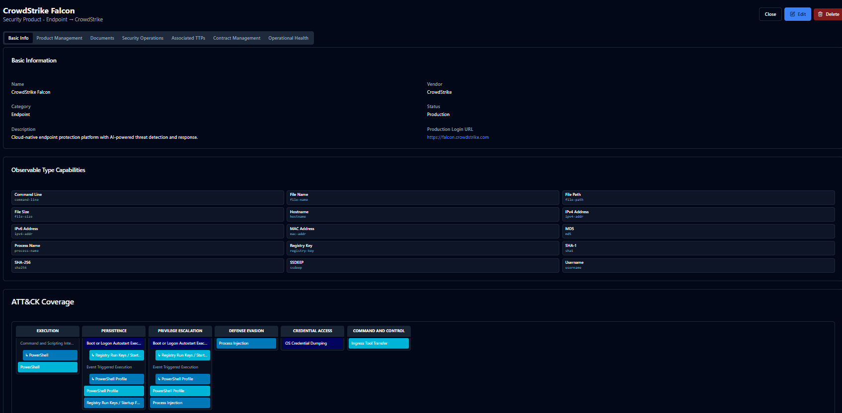 Product screenshot of SecuMap: security technology profile mapping ATT&CK techniques, detection rules, and procedure observables to technology capabilities.